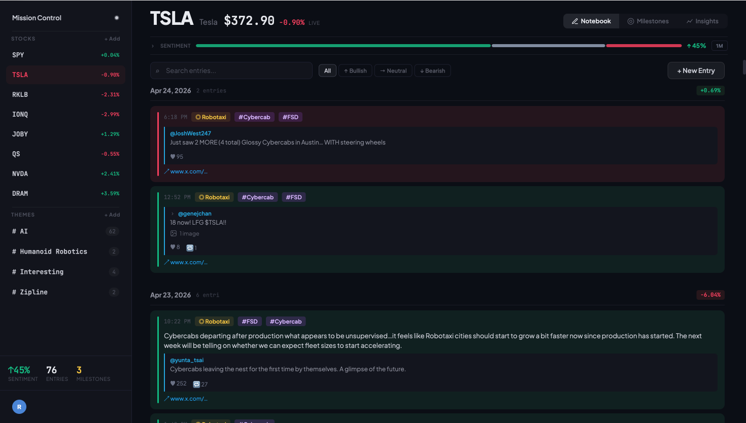 Notebook feed for a stock with sentiment-coded entries, tags, AI summary, and link previews